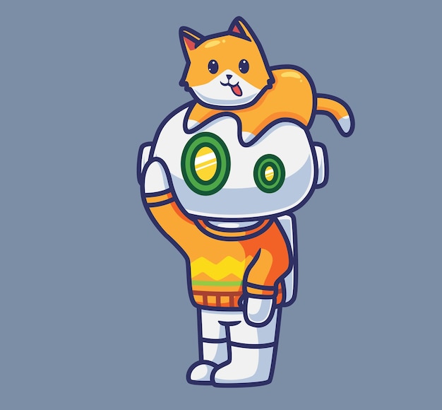 Robô astronauta fofo brincando com um gato ilustração de natal de pessoa isolada de desenho animado