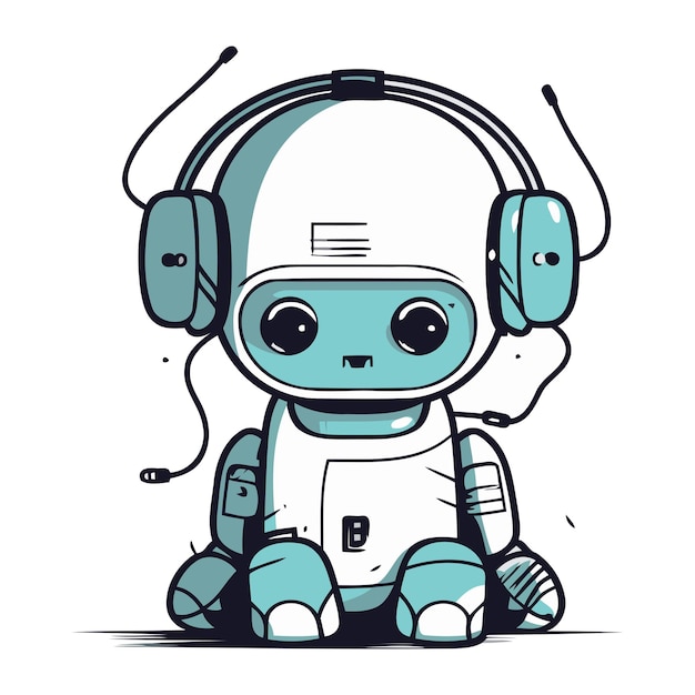Robô bonito com ilustração vetorial de fones de ouvido de um robô de desenho animado