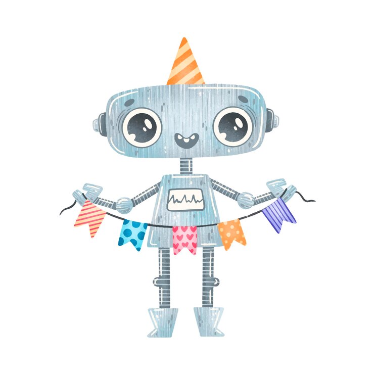 Robô cinza de festa de aniversário fofo de desenho animado isolado