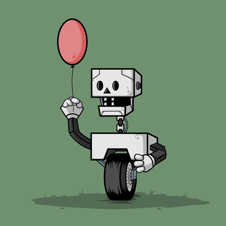Vetor robô com a roda segurando o balão