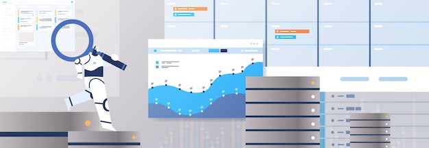 Vetor robô com lupa analisando gráficos de estatísticas e tabelas de dados financeiros analisando conceito de tecnologia de inteligência artificial ilustração vetorial horizontal de comprimento total