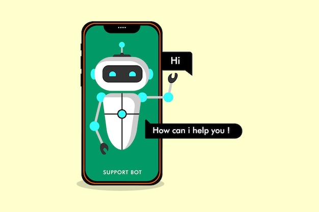 Vetor robô com telefone chatbot conceito de ícone chat bot ou chatterbot robô virtual