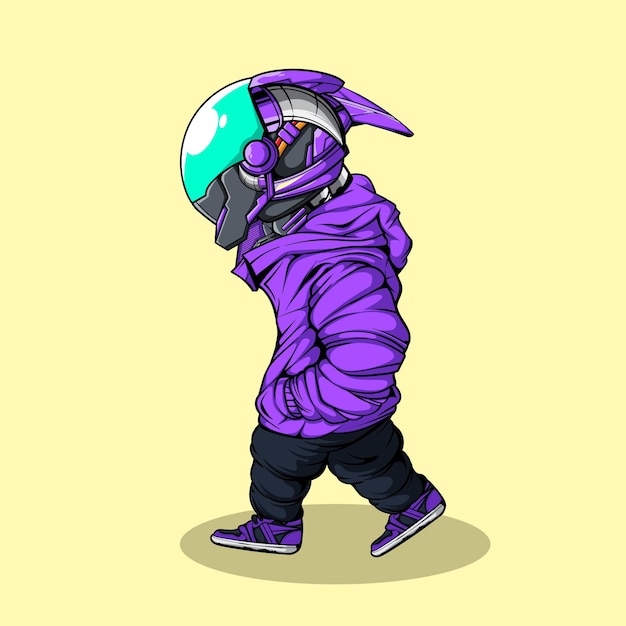 Robô cyberpunk a passar com hoodie roxo