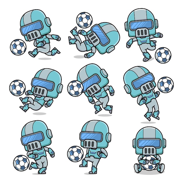 Robô de desenho animado bonito jogando futebol