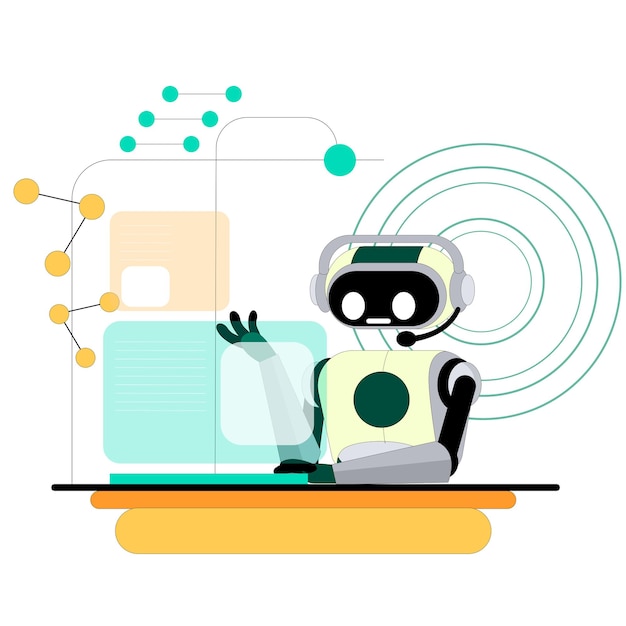 Robô de IA trabalhando em um computador