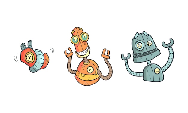 Robô de metal com diferentes emoções como Android mecânico de desenho animado em conjunto vetorial de estilo de contorno