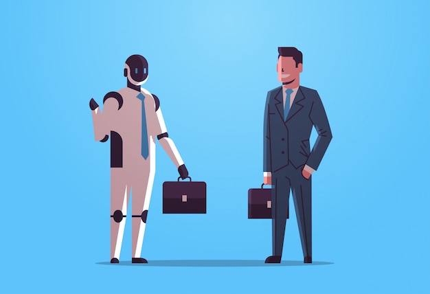 robô e empresários humanos segurando maletas caráter robótico vs empresários empresários juntos inteligência artificial tecnologia conceito plana comprimento total horizontal