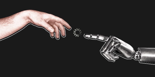 Vetor robô e mão humana em estilo de colagem retro com conceito de inteligência artificial vector de meio tom