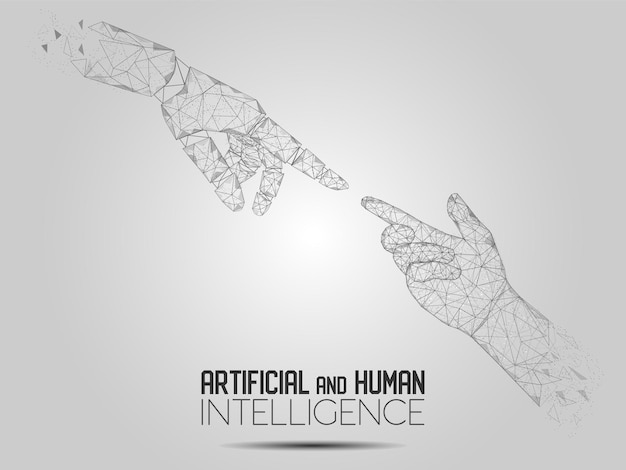 Robô e mãos tocantes humanas vector fundo poligonal