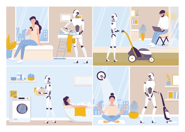 Robô fazendo trabalho doméstico. manutenção robótica. robô fazendo limpeza doméstica, lavanderia. tecnologia futurista e automação. conjunto de ilustração