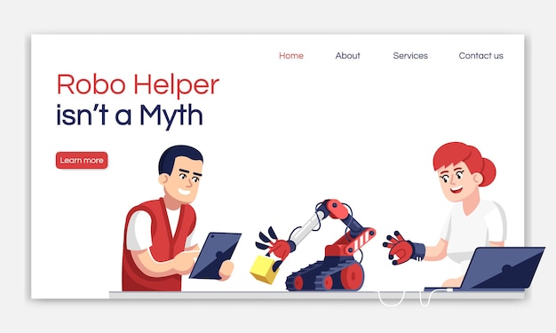 Robo helper não é um modelo de vetor de página de destino de mito. idéia de interface de site de engenharia droid com ilustrações planas. layout da página inicial do assistente de robô. banner da web, conceito de desenho de página da web