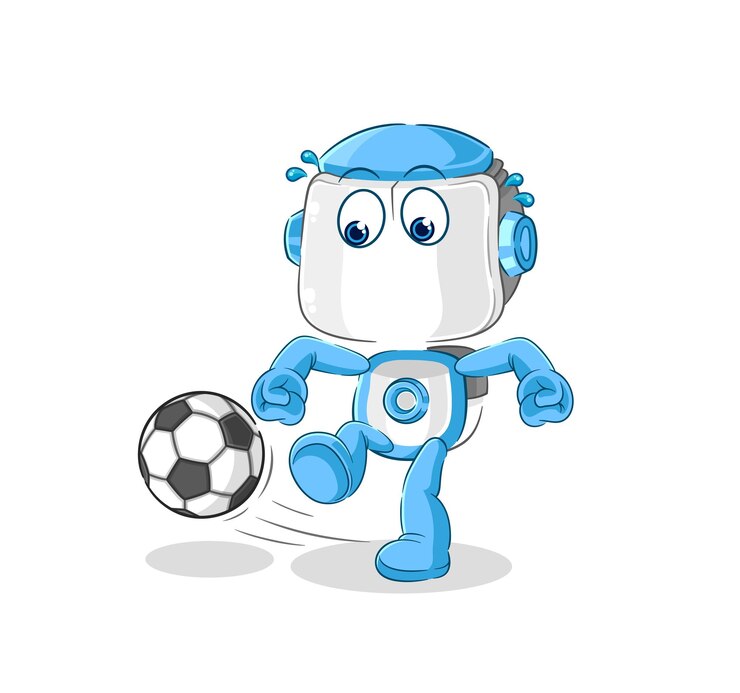 Vetor robô humanóide chutando o vetor de mascote de desenho animado de bola