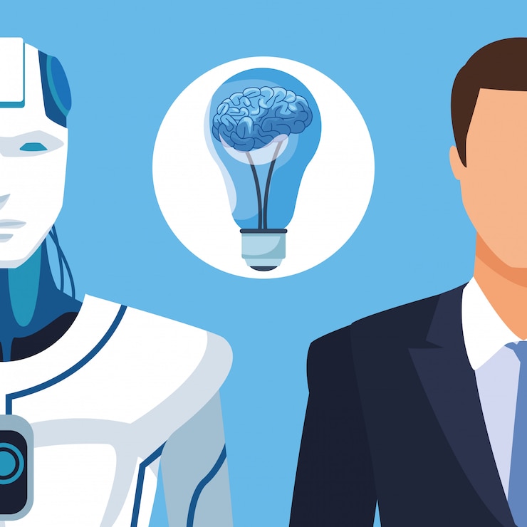 Vetor robô humanóide e empresário