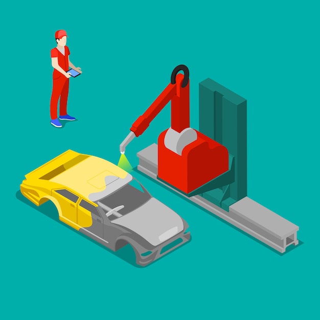 Robô pintura carroçaria na fábrica de automóveis. Transporte isométrico.