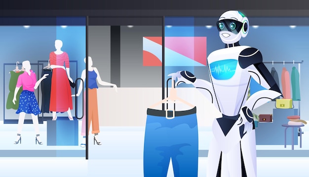 Vetor robô vendedor mostrando roupas em conceito de tecnologia de inteligência artificial de boutique de moda