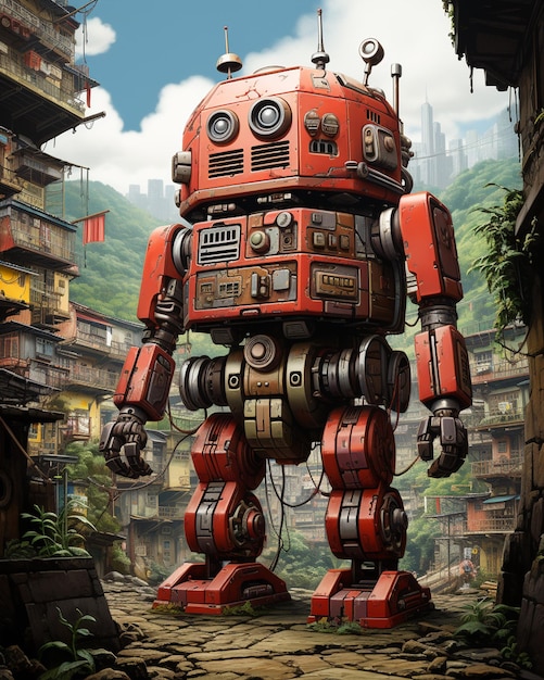 Vetor robô vermelho gigante andando na cidade 6 de kowloon