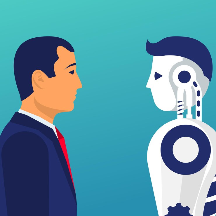 Vetor robô vs humano versus conceito design plano de ilustração vetorial isolado no fundo empresário com o robô colidiu na batalha conflito ai com humanóide