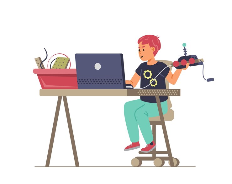 Vetor robótica para ilustração vetorial plana de crianças. rapaz sentado na mesa com o robô de programação portátil.