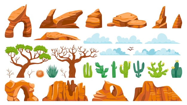 Rochas de formiga de cacto do deserto pedras de areia de tumbleweed dos desenhos animados e elementos de paisagem exótica suculenta conjunto isolado de vetor