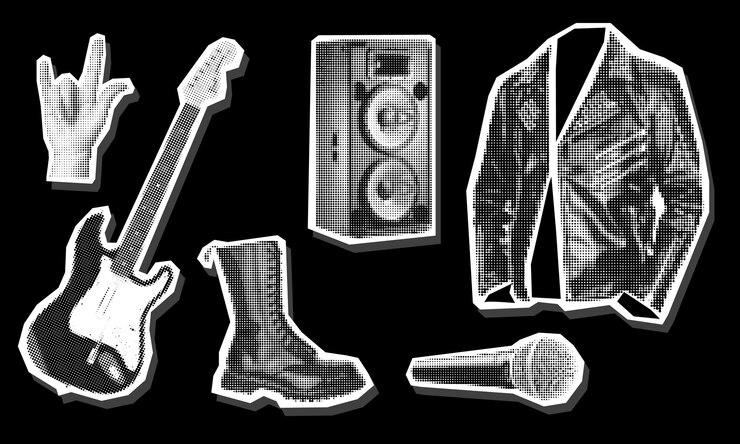 Vetor rock definido em colagem no estilo de grunge pop art imagem preto e branco em preto roupas parecem
