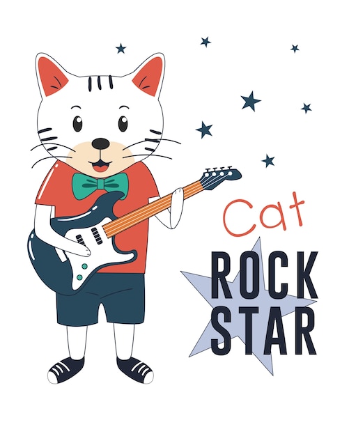 Vetor rock star cat com guitarra.