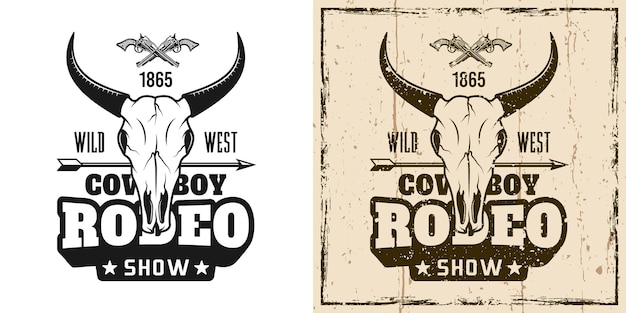 Rodeo show vector emblema, distintivo, etiqueta, logotipo ou t-shirt impressão em dois estilos monocromático e vintage colorido