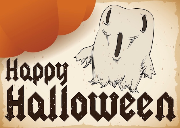 Vetor role com saudação e sorteio de fantasma surpreso para a celebração do halloween e uma abóbora gigante