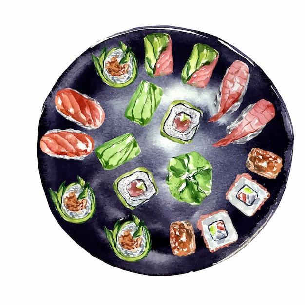 Rolls sushi ilustração em aquarela comida asiática restaurantenr frutos do mar