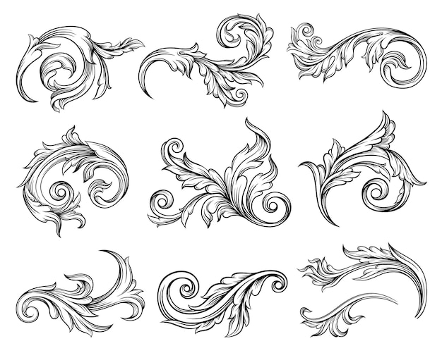 Rolo barroco como elemento de ornamento e design gráfico com espirais e conjunto vetorial de motivos de círculo rolante