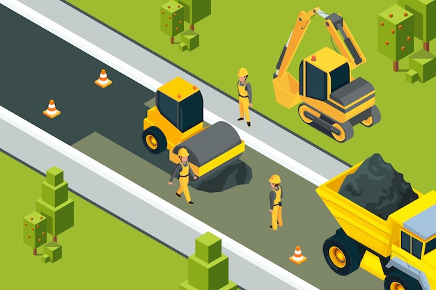 Rolo de asfalto. Estrada pavimentada urbana que coloca trabalhadores de terra de segurança construtores amarelo máquinas paisagem isométrica
