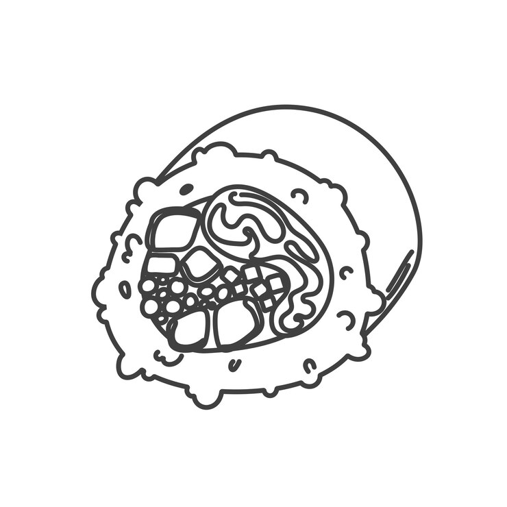 Vetor rolo de sushi doodle com comida japonesa de gergelim rolo de sushi ícone de estilo dos desenhos animados sushi isolado no fundo branco ícone de logotipo de sushi de desenho vetorial rolos de sushi estilo mão desenhada comida asiática