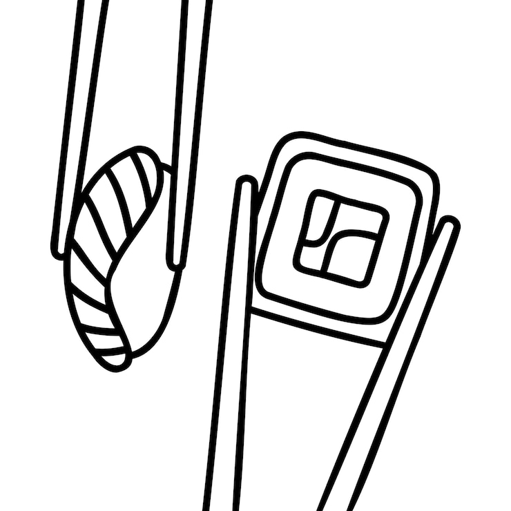 Vetor rolo de sushi japonês com pauzinhos no estilo doodle. comida asiática para menu de restaurantes