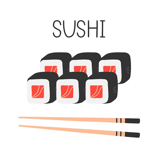 Rolo de sushi japonês em estilo desenhado à mão. comida asiática para menu de restaurantes