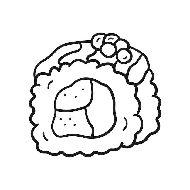 Rolo de sushi no estilo doodle Comida asiática no estilo de desenho linear Ilustração vetorial isolada no fundo branco