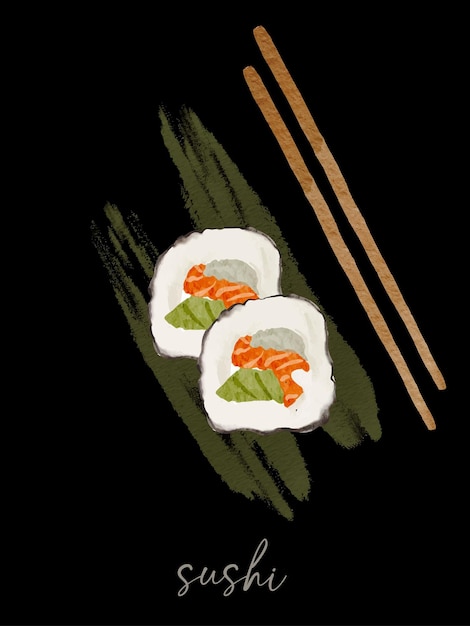 Rolo de sushi realista desenhado à mão em forma abstrata. projeto de sushi tradicional em aquarela. comida asiática