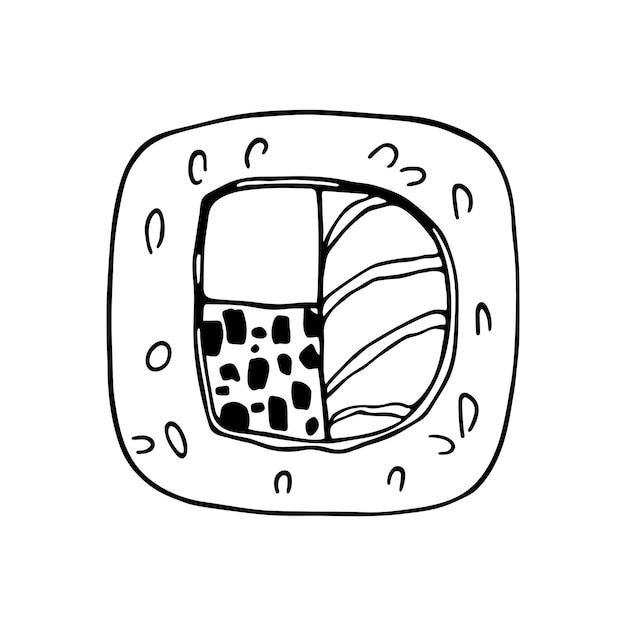Vetor rolo de uramaki de sushi japonês desenhado à mão. comida asiática doodle ilustração. sushi bar
