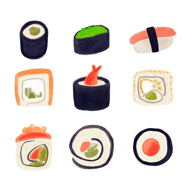 Vetor rolos de aquarela sushi aquarela conjunto com salmão atum chuka comida asiática japonesa elemento de design isolado por sublimação ilustração desenhada à mão para o mais saboroso convite de arte de parede de adesivos de projeto