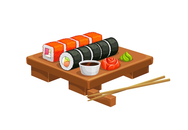 Rolos japoneses de desenhos animados, molhos e pauzinhos