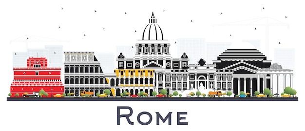 Roma Itália City Skyline com cor edifícios isolados no branco. Ilustração vetorial. Viagem de negócios e conceito com arquitetura histórica. Paisagem urbana de Roma com pontos turísticos.