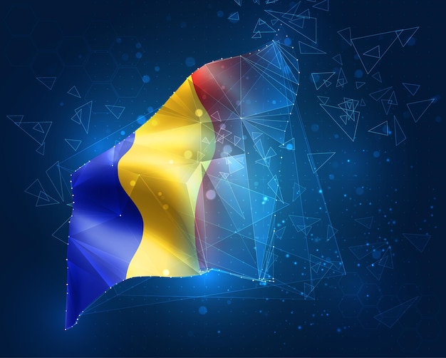 Romênia, bandeira, objeto 3d abstrato virtual de polígonos triangulares em um fundo azul