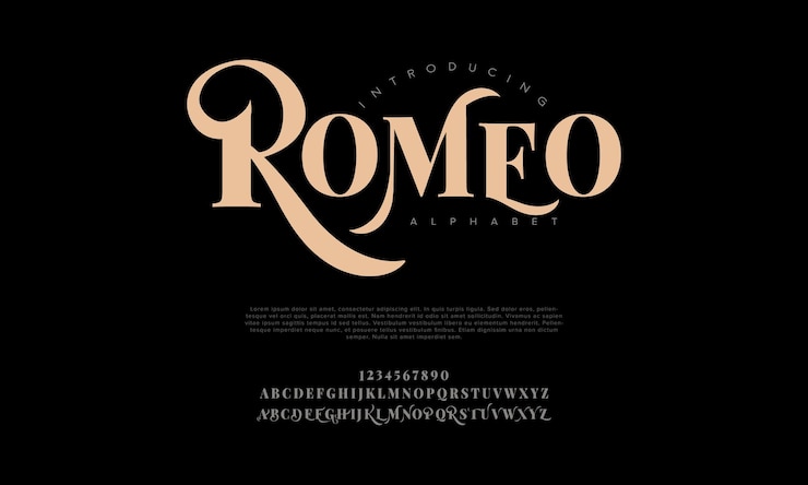 Vetor romeo luxo premium letras e números de alfabeto elegante tipografia de casamento vintage serif clássico