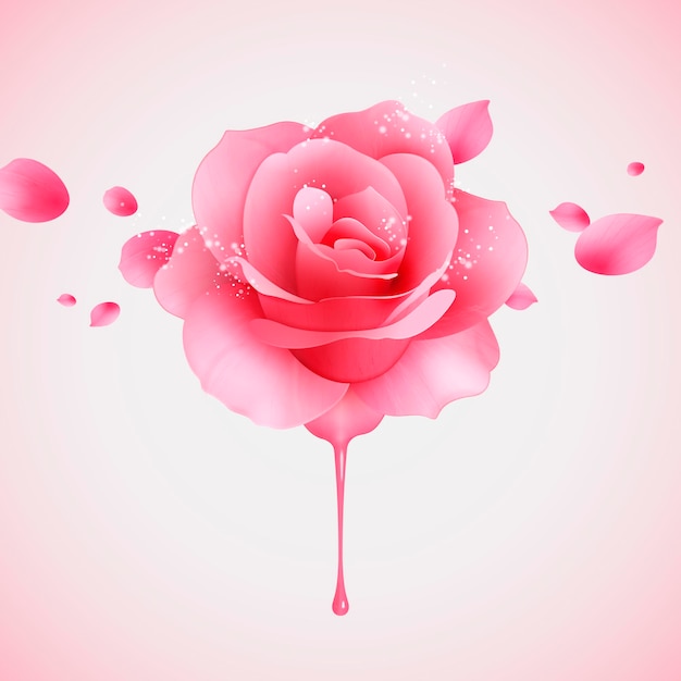 Vetor rosa brilhante rosa e pétalas voadoras na ilustração 3d