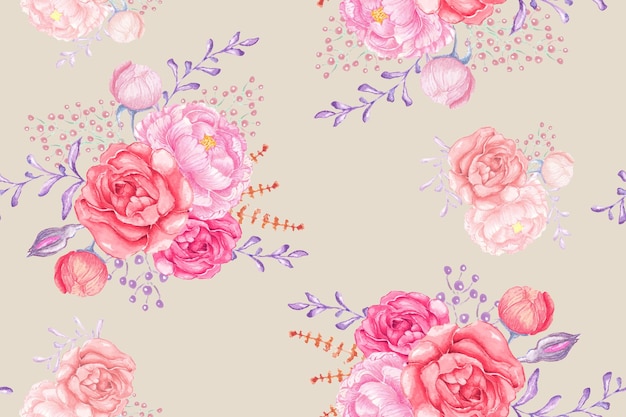 Rosa e flor sem costura com aquarela para tecido e papel de parede fundo de botânica floral