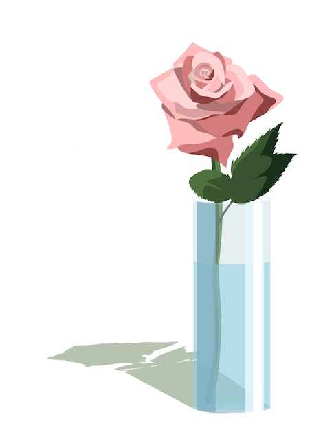 Rosa rosa única em vaso cilíndrico em estilo plano leve, isolado no fundo branco