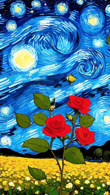 Vetor rosa selvagem na noite estrelada pintura com o estilo de van gogh