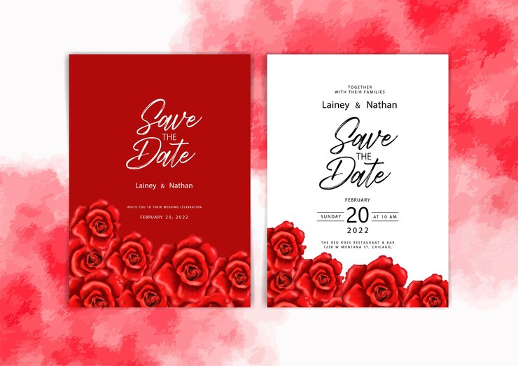 Vetor rosa vermelha cartão de convite de casamento elegante flor aquarela