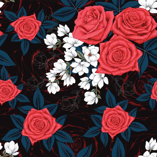 Rosa vermelha sem costura padrão e flores de magnólia branca