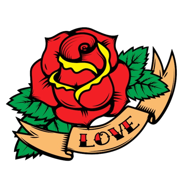 Rosas do estilo da tatuagem da velha escola com as fitas no fundo branco. ame. elementos para cartaz, cartão postal, camiseta. ilustração