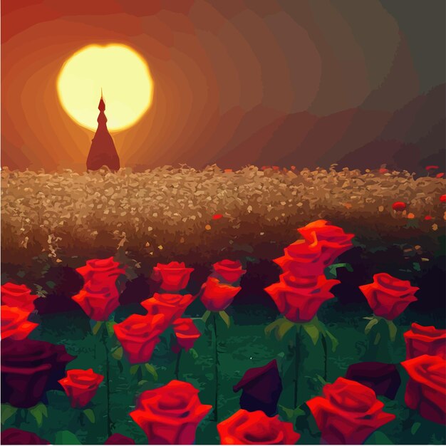 Rosas vermelhas de campo fabuloso escuro e torre misteriosa contra imagem de fantasia de lua brilhante de fundo