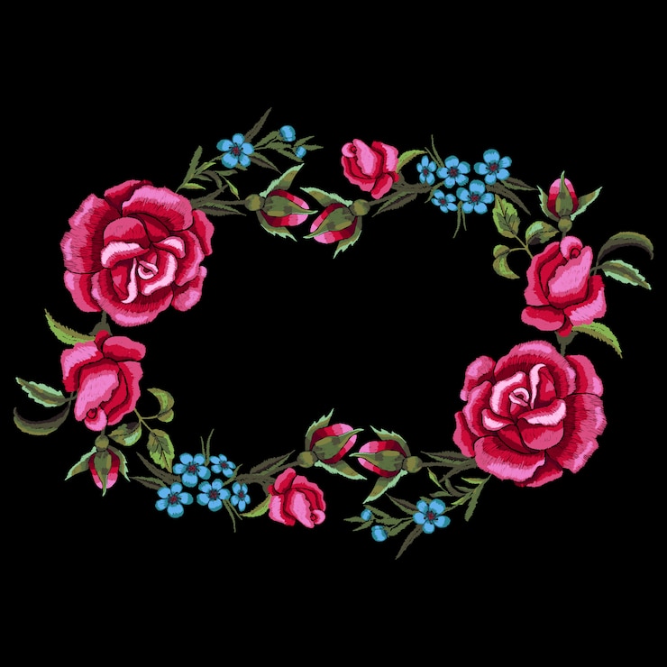 Vetor rosas vermelhas e guirlanda floral de bordado de flores azuis.